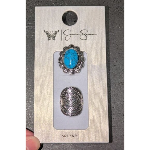 NWT Jessica Simpson Rings 7 & 9 Women's Faux Turquoise Fashion Rings Set of 2 - Picture 1 of 2